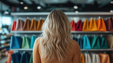 A stylish woman seen from behind, standing in front of a vibrant display of colorful bags, symbolizing modern shopping culture, fashion trends, and personal expression in everyday life.