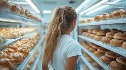 A woman stands in a bakery aisle contemplating her choice among a variety of fresh baked goods, showcasing delicious pastries and rolls in a well-organized display.