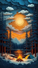 Papercut Style Paper Cut Camping Camp Campfire Summer Winter Forest Fall Wood Woodland Woods Sunset Tent Lake Mountain Mobile Background Wallpaper Illustration Colorful Vector