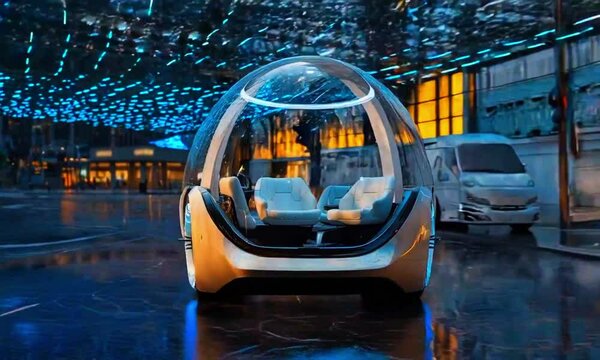 A futuristic spherical vehicle with a transparent exterior, parked on a street with modern buildings and illuminated lights in the background.