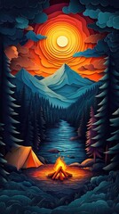 Papercut Style Paper Cut Camping Camp Campfire Summer Winter Forest Fall Wood Woodland Woods Sunset Tent Lake Mountain Mobile Background Wallpaper Illustration Colorful Vector