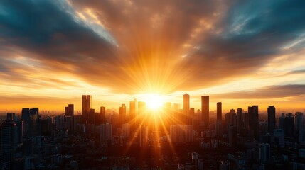 A stunning sunset casts rays of light over a modern city skyline, creating a breathtaking view filled with vibrant colors and architectural silhouettes against the evening sky.