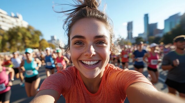 A cheerful woman takes a selfie enjoying her participation in a vibrant marathon event, surrounded by a crowd of enthusiastic runners under clear skies and bright sun.