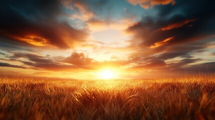 A breathtaking sunset casts vibrant colors over expansive grass fields, highlighting nature's beauty and evoking feelings of tranquility and awe in viewers.