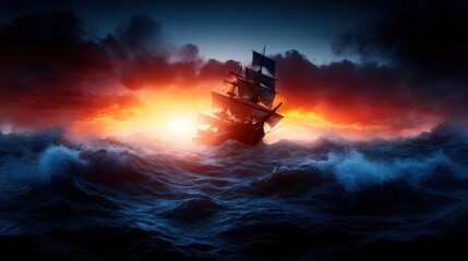 A majestic sailing ship battles through tumultuous waters under a dramatic sunset, capturing the essence of adventure, struggle, and the beauty of nature's elements.
