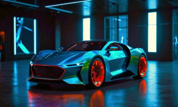 A sleek futuristic car with a blue and metallic design, featuring red accents and glowing blue lights. The car is set against a dark, industrial background.