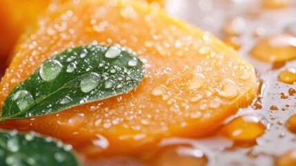 A close-up of a fresh apricot slice adorned with water droplets and a green leaf, highlighting the juicy texture and vibrant colors that evoke a sense of freshness and vitality.