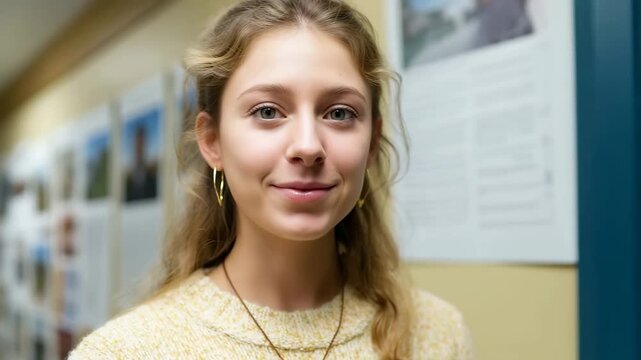 Young woman engaging with academic poster presentation in hallway setting