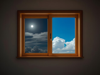 Window to Two Worlds: A window frames a split scene - one side displaying a moonlit night with ethereal clouds, the other a vibrant blue sky dotted with fluffy clouds.