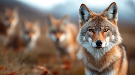 Fototapeta premium A stunning portrait of a coyote staring directly into the camera, surrounded by fellow coyotes in a beautiful, blurred natural environment showcasing wild beauty.
