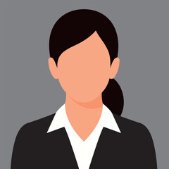 Vector illustration of a faceless businesswoman avatar in a formal black suit and white shirt with a ponytail. Ideal for professional profiles, corporate presentations, or HR visuals.