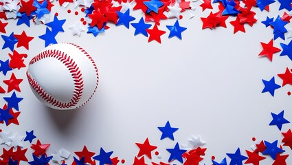 A baseball resting on a white background, surrounded by scattered stars