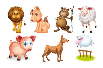 Adorable cartoon animals including a lion dog beaver sheep and pig on black background