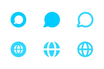 Simple blue message and globe icons in a modern minimalist design on black background