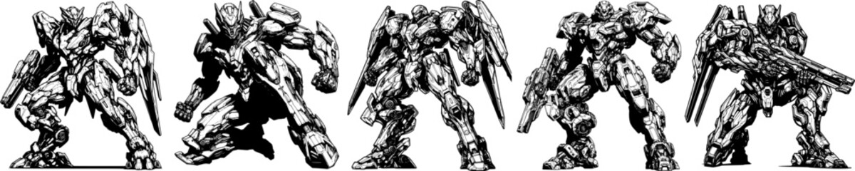 collection of futuristic mecha robot line art, ideal for game concept or illustration use