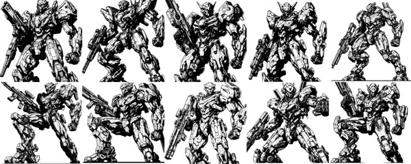collection of futuristic mecha robot line art, ideal for game concept or illustration use