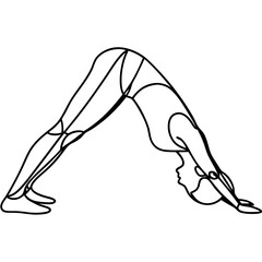 Person in downward dog yoga pose. Line art illustration of woman practicing yoga asana. Simple elegant downward facing dog pose perfect for yoga studio brochure or fitness class flyer.