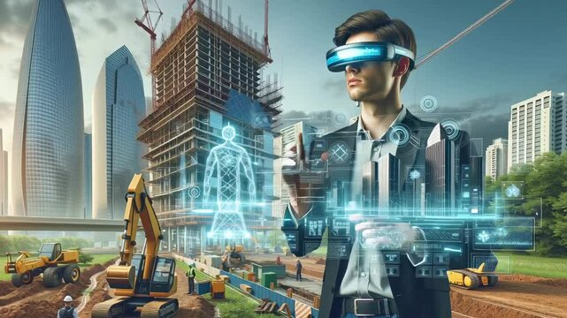 Young professional in VR headset using holographic interface to monitor construction site with excavators, digital overlays showing building progress and worker data.