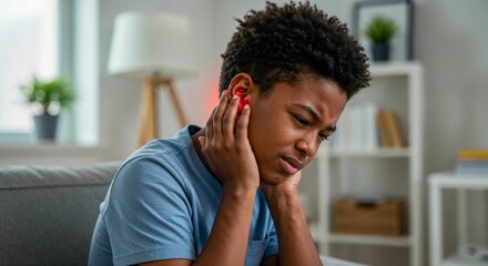 Black teenage boy sitting on couch in living room holding ear in pain, red glow on ear indicating discomfort, possible otitis media or ear infection symptoms.