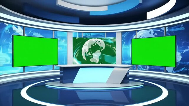 Modern virtual news studio with large green screens and a central desk, ideal for broadcast and media projects.
