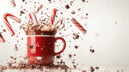 A dynamic capture showcasing hot chocolate with candy canes amidst an explosion of chocolate chunks, evoking holiday joy, warmth, and festive cheer in every sip.