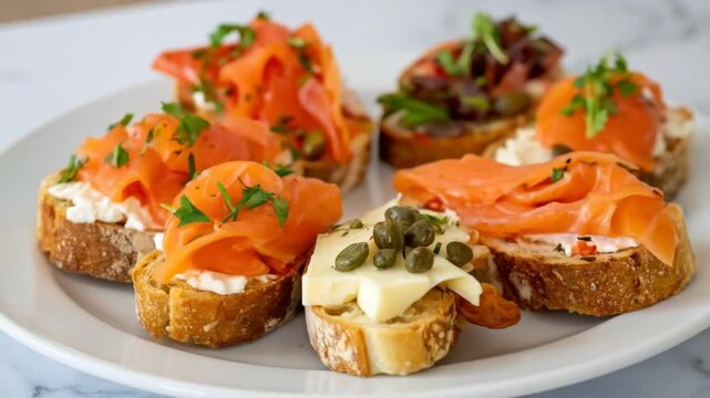 Assortment Of Smoked Salmon Toasts On A Plate