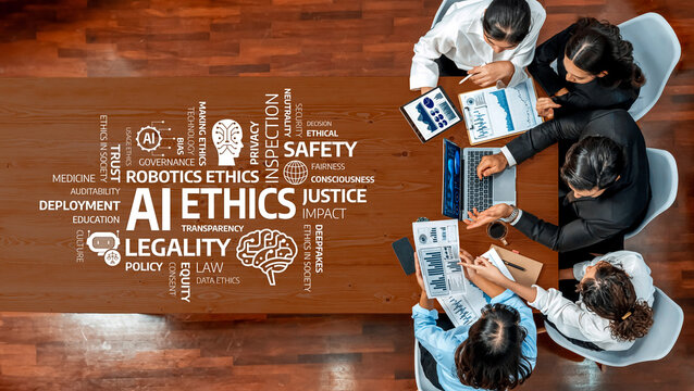A diverse team engages in a thoughtful discussion about AI ethics and governance, surrounded by key concepts displayed on the table in a modern office setting. Amity