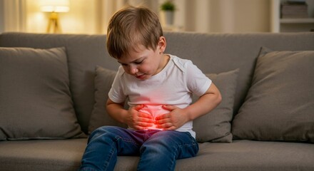 Caucasian baby boy 2 years old with abdominal pain sitting on sofa in cozy home, both hands on stomach, red glow highlights pain area, evening lighting