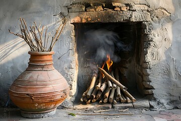 Rural kitchen setup with fired twigs high resolution picture