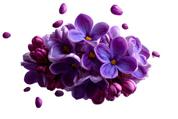 Isolated lilac flowers with clusters of small violet petals, arranged loosely on white background, isolated to transparent background