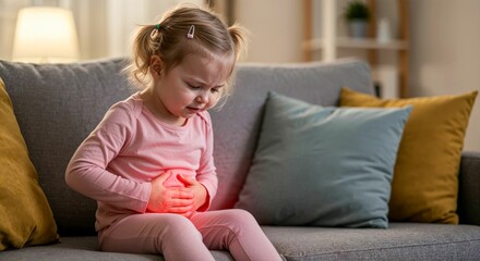 Caucasian baby girl 2 years old sitting on couch with stomach pain, holding belly with hands, red glow on abdomen, cozy home interior background