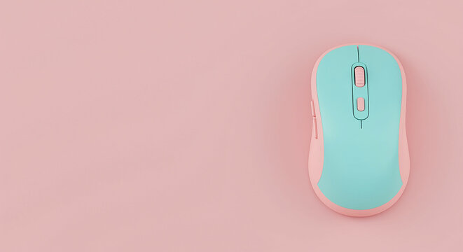 A pastel colored computer mouse sits on a pink background with space for text on the left side
