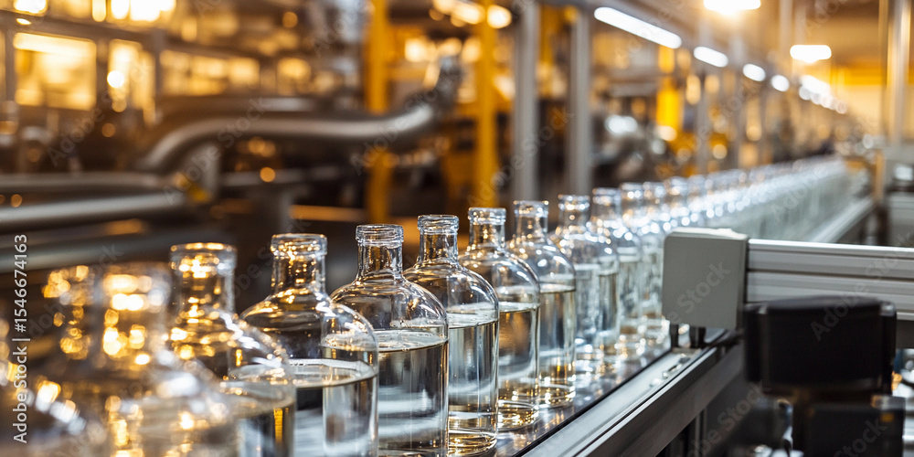 Poster Bottles of clear liquid on production line in factory Generative AI