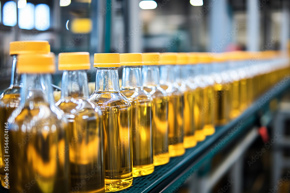 Poster Bottling process of cooking oil in a factory setting Generative AI