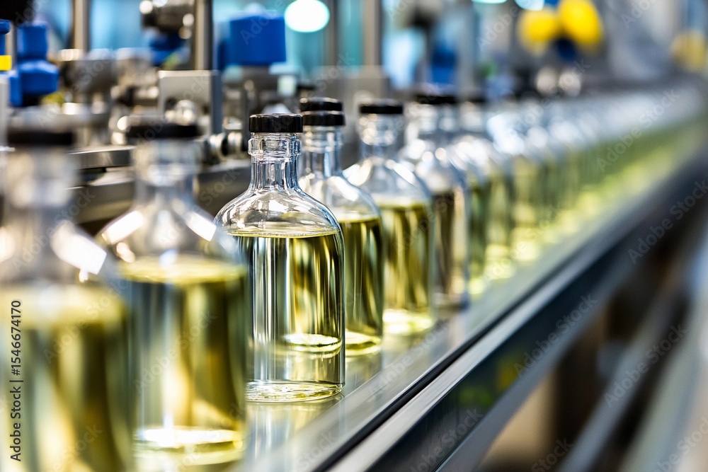 Poster Bottles of clear liquid on production line in factory Generative AI