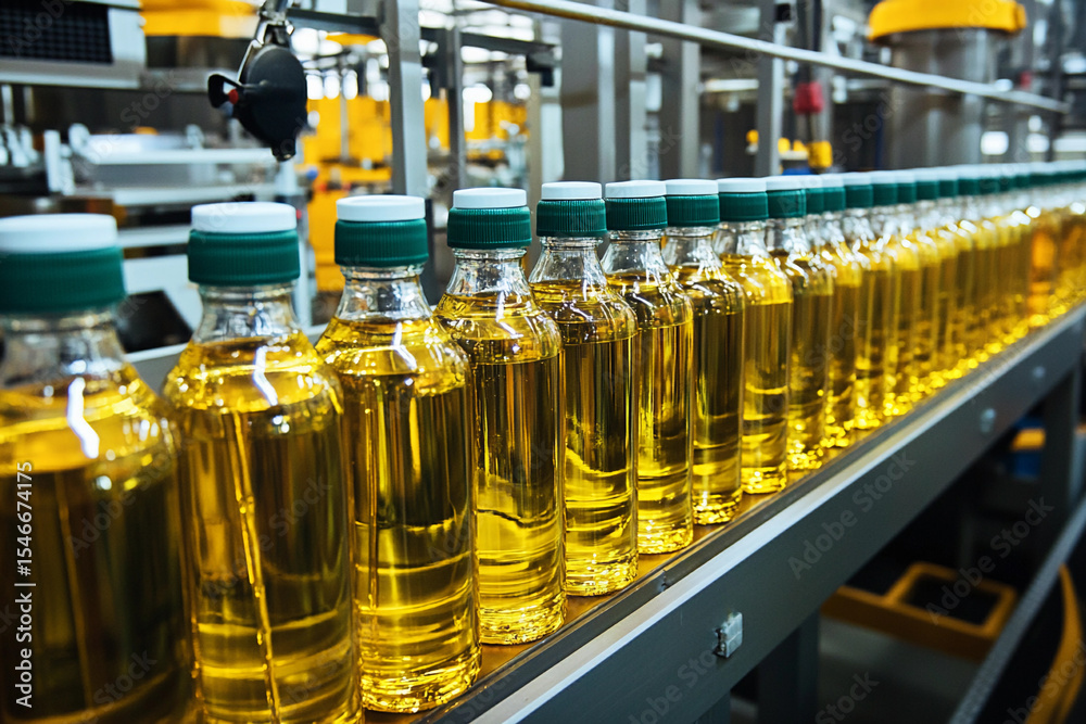 Poster bottling process of oil in a modern facility generative ai