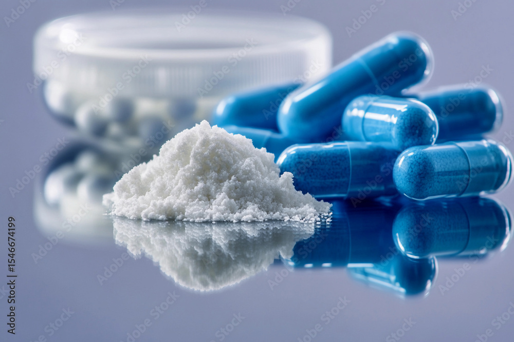 Poster close-up view of blue capsules and white powder on reflective surface generative ai