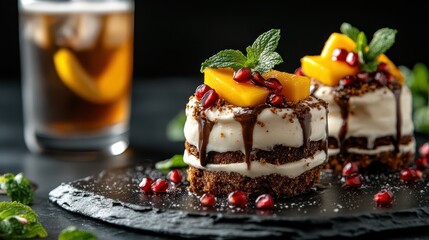 An artistic display of delectable cakes adorned with toppings, showcasing the creativity of dessert presentation and a celebration of flavor and style in culinary art.