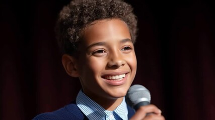 Confident young performer engages audience with enthusiastic smile and energetic stage presence