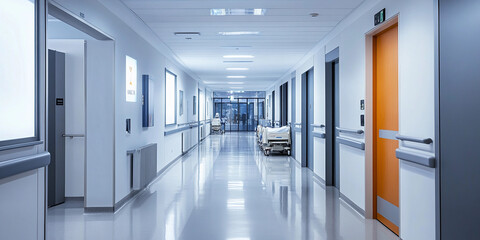 Modern hospital corridor with bright lighting and clean design Generative AI
