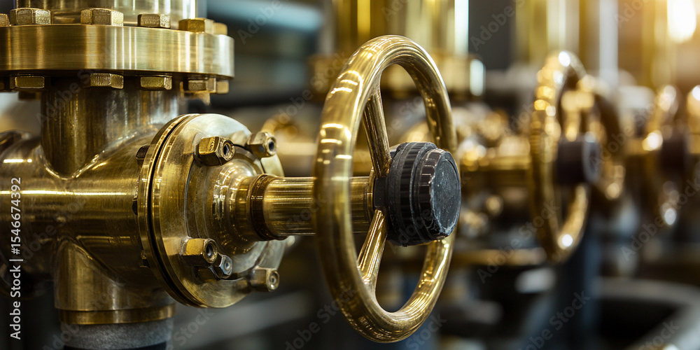 Poster detailed view of brass valves in an industrial setting generative ai