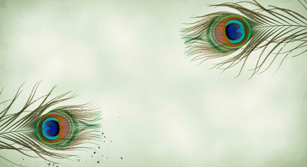 Obraz premium Two peacock feathers with iridescent eye patterns on a light green background creating a frame