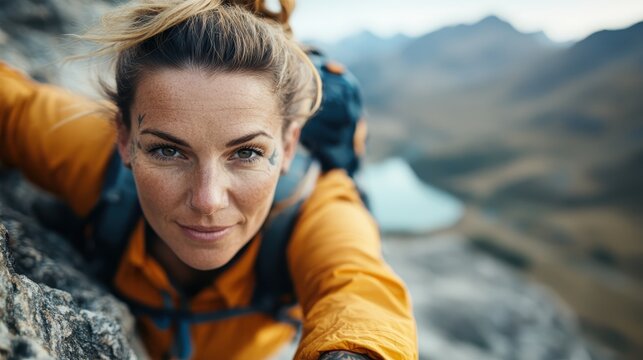 A close-up of a determined woman climber with blonde hair scaling rocky terrain, reflecting strength, perseverance, and the thrill of adventure in the great outdoors. - Powered by Adobe