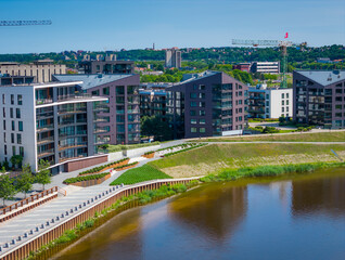 New modern residential building district Piliamiestis in Kaunas with modern facades. Aerial drone view photo.