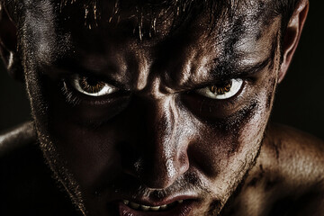 Intense close-up of a man showing fierce emotion and grit Generative AI