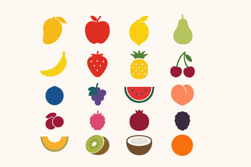 Colorful Assortment of Fruit Icons on Cream Background Mango Apple Lemon Pear Banana Strawberry Pineapple Cherries Blueberry Grapes Watermelon Peach Plum Raspberry Pomegranate Blackberry Melon
