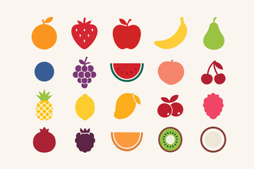 Colorful Assortment of Fruit Icons on a Cream Background Featuring a Variety of Popular Fruits Represented in a Simple Flat Design Style Perfect for Food