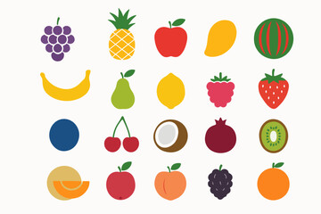 Colorful Assortment of Fruit Icons on White Background Featuring Grapes Pineapple Apple Mango Watermelon Banana Pear Lemon Raspberry Strawberry Blueberry Cherries Coconut Pomegranate Kiwi Melon