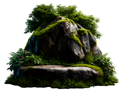 Large mossy rocks surrounded by jungle plants, vines, and grass, perfect for natural scenery overlays, styled on clean white, isolated to transparent background
