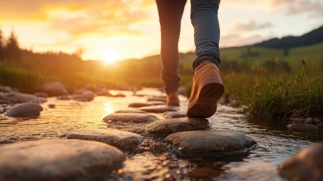 A person stepping gracefully across smooth stones in a tranquil stream during sunset, encapsulating the essence of adventure and connection with nature's beauty.